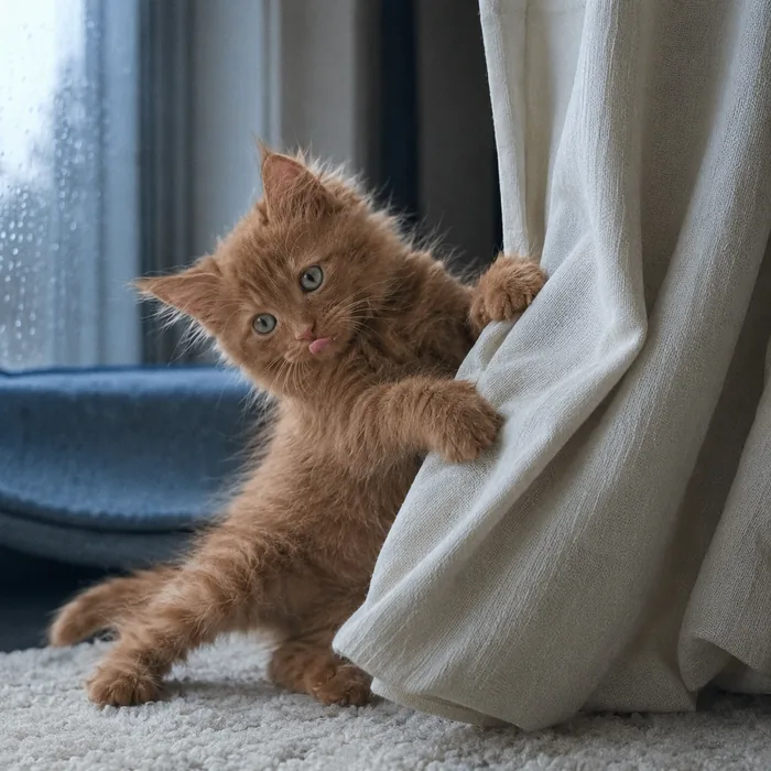 Chapter two: a cinnamon kitten clinging to a cream linen curtain with both front paws, tongue slightly out, in front of a rain-speckled window.